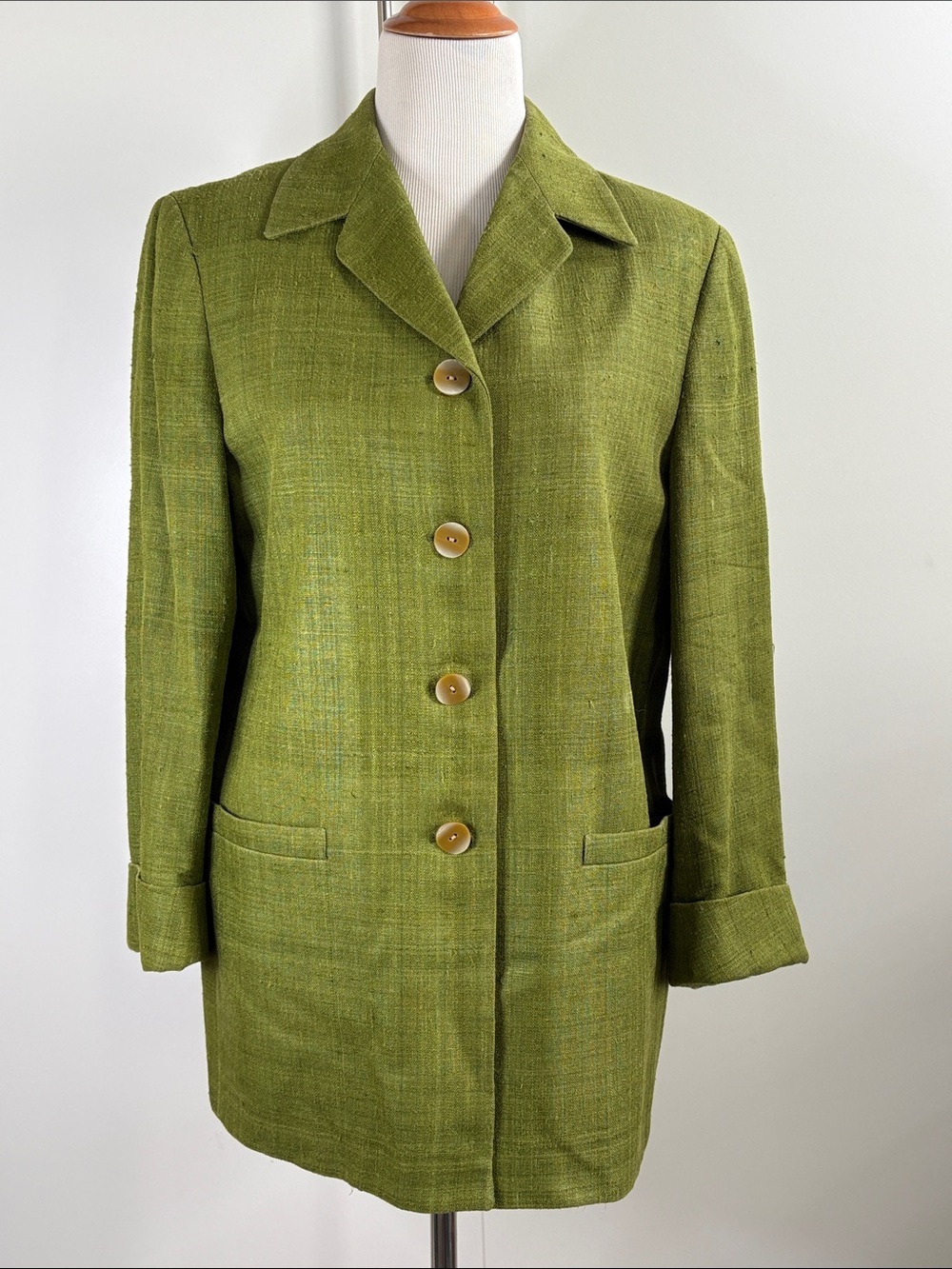 Ann Freedberg Silk Green Tailored Shell 4 Button-Front Blazer S